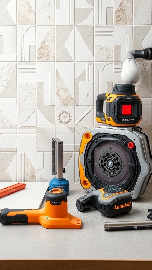 A collection of specialty tools including a laser level, compact light, and measuring tools on a countertop.