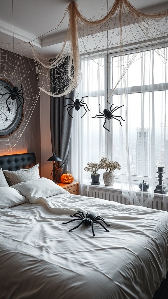 A cozy bedroom decorated with spider webs and black spiders for Halloween.