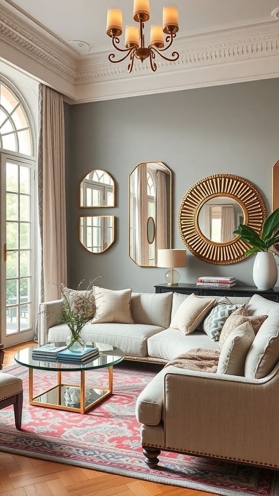 Ein stilvolles Wohnzimmer mit verschiedenen Spiegeln, die an der Wand hängen, und einem gemütlichen Sofa.