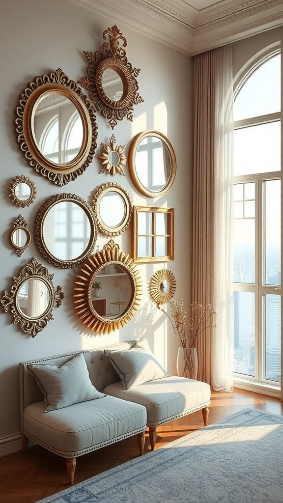 Eine Wand mit verschiedenen goldenen Spiegeln in unterschiedlichen Formen und Größen, neben einem hellen Sofa und großen Fenstern.