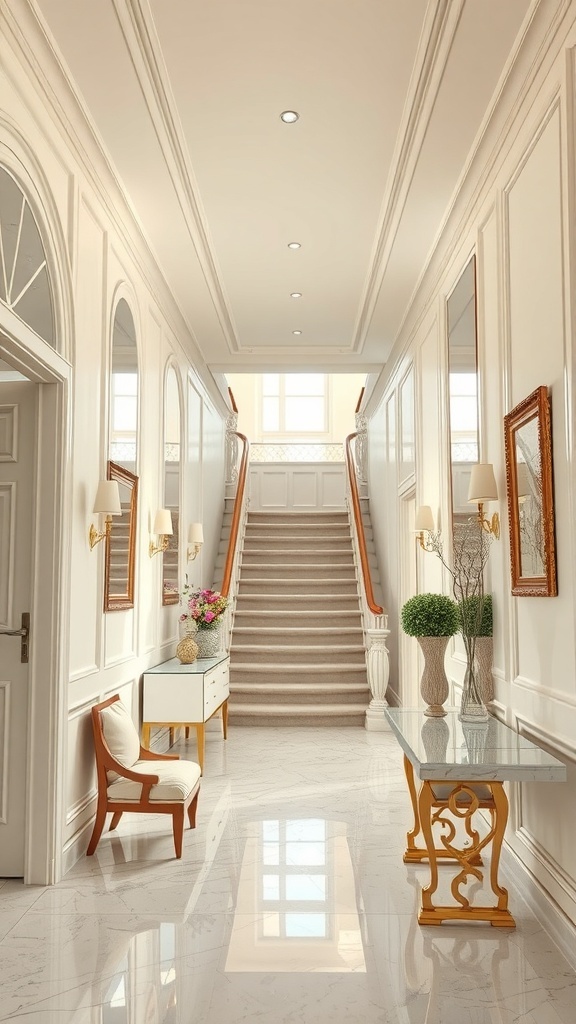 Eleganter Flur mit Spiegeln, Treppe und stilvollen Möbeln