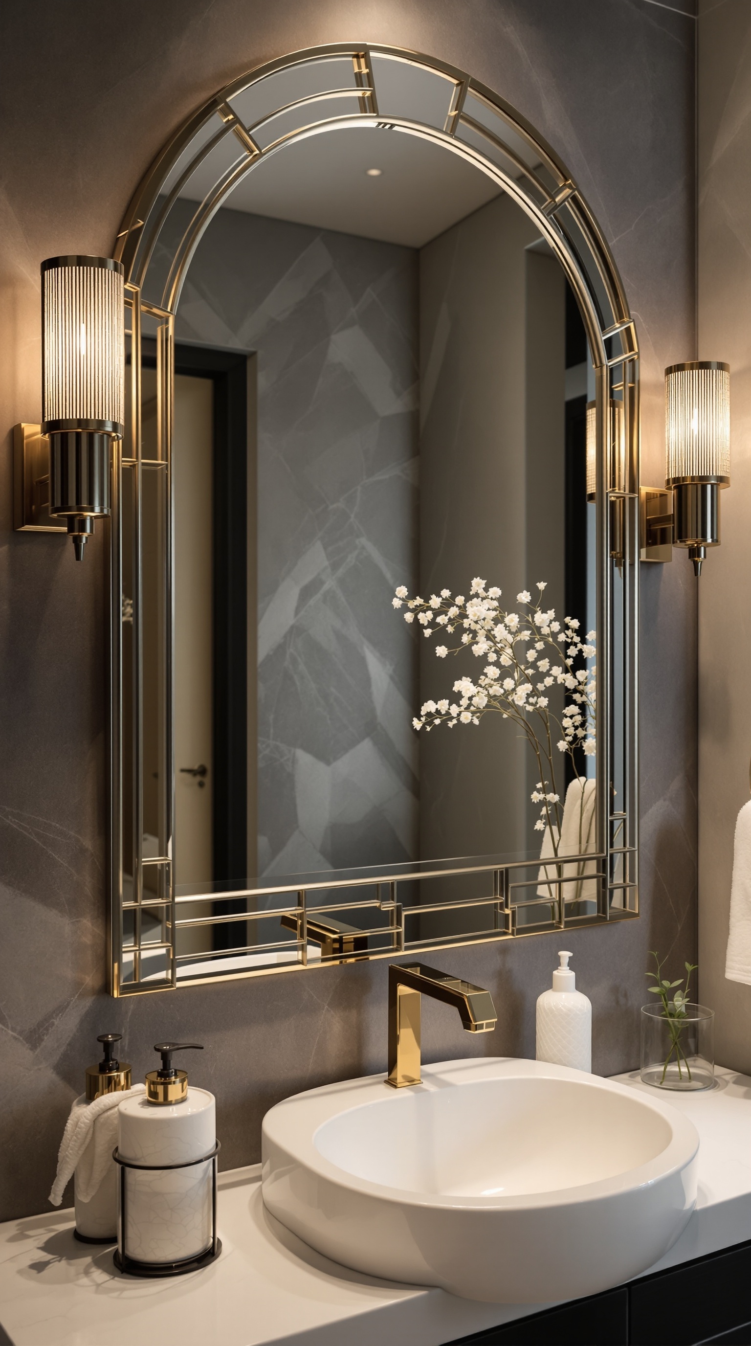 Ein modernes Badezimmer mit einem großen Fenster, einer freistehenden Badewanne und einem Art-Deco-Rahmen.