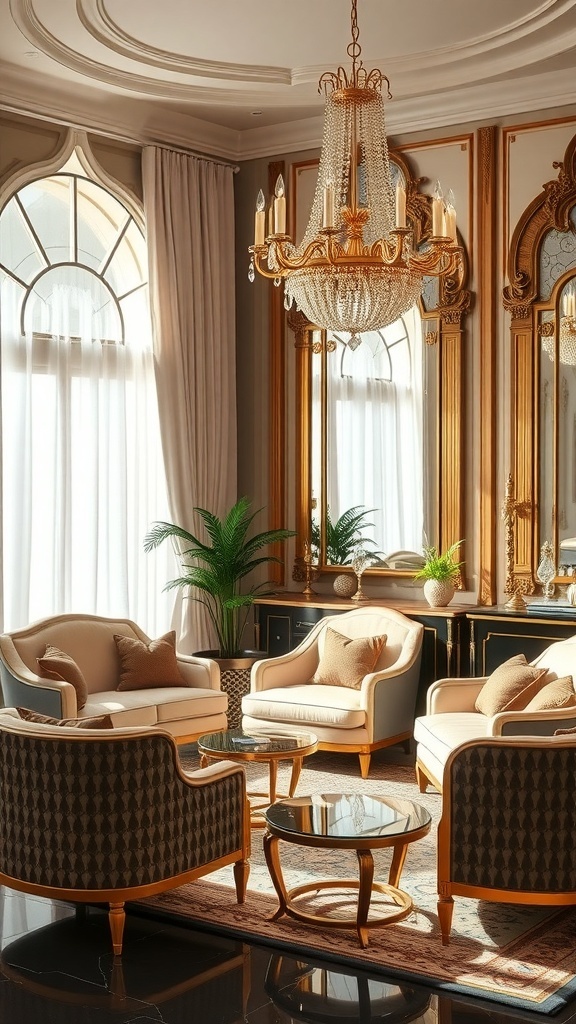 Ein elegantes Wohnzimmer im Art Deco Stil mit großen Spiegeln, einem Kronleuchter und stilvollen Möbeln.