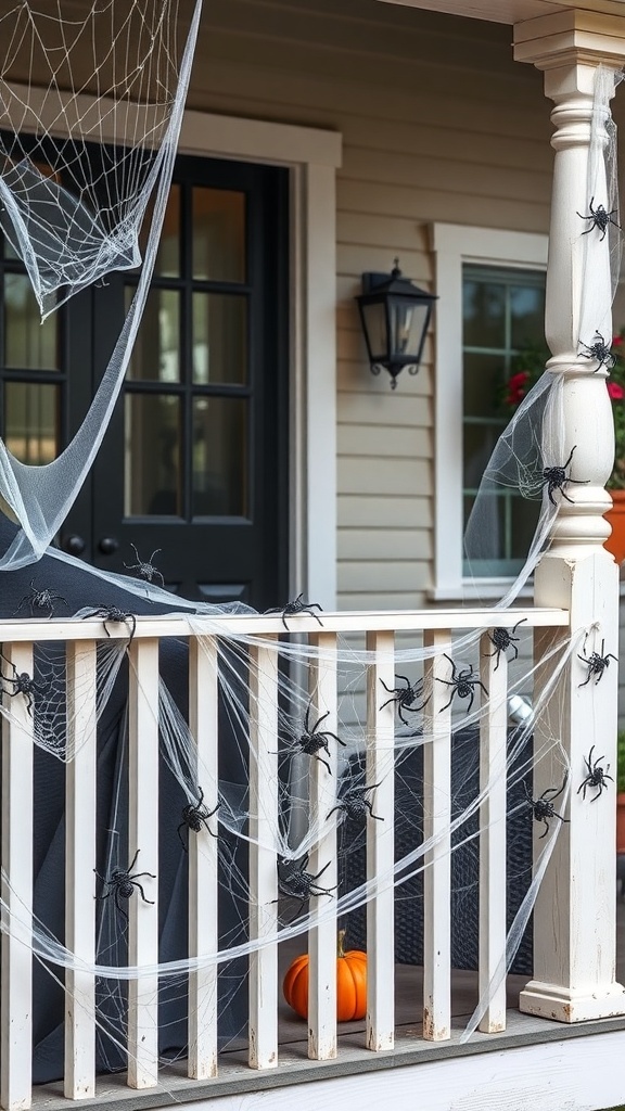 Veranda mit Spinnennetz und Plastikspinnen, dekoriert für Halloween