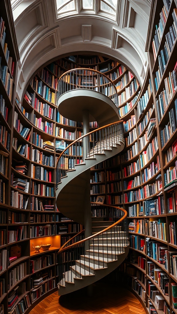 A spiral staircase surrounded by curved bookshelves filled with colorful books.