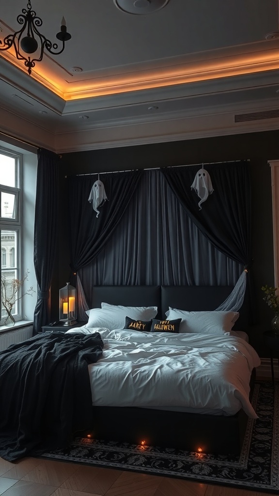 Ein Schlafzimmer mit einem gruseligen Bettvorhang, kleinen Geistern und Halloween-Kissen.