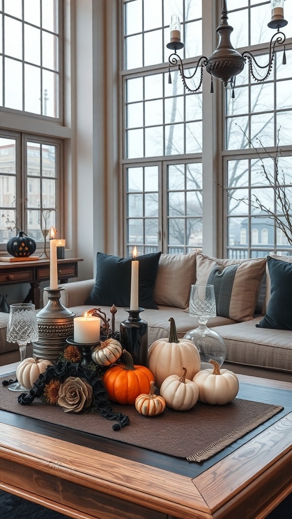 Ein stilvolles Wohnzimmer mit einem Tischmittelstück aus Kürbissen und Kerzen, das eine gruselige Halloween-Atmosphäre schafft.