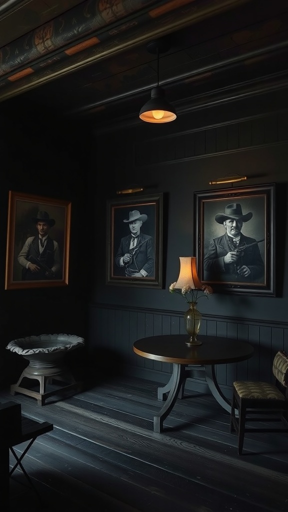 A dimly lit room featuring vintage portraits of cowboys on the walls, a round table with a lamp, and rustic furniture.