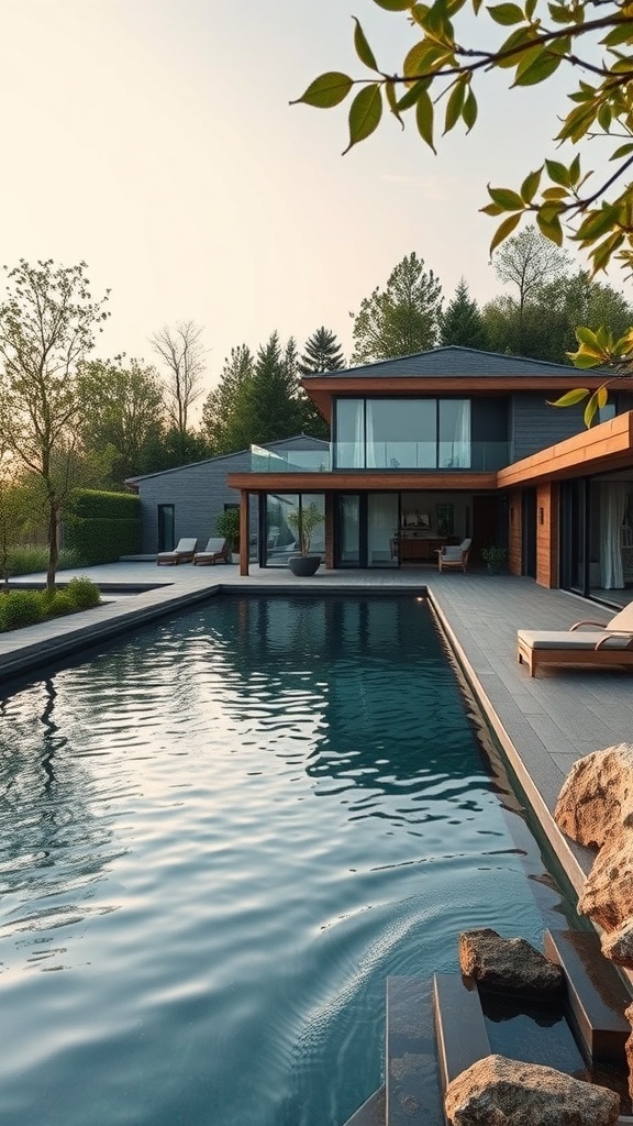 Ein moderner Naturpool mit einem schönen Blick auf die umgebende Natur.