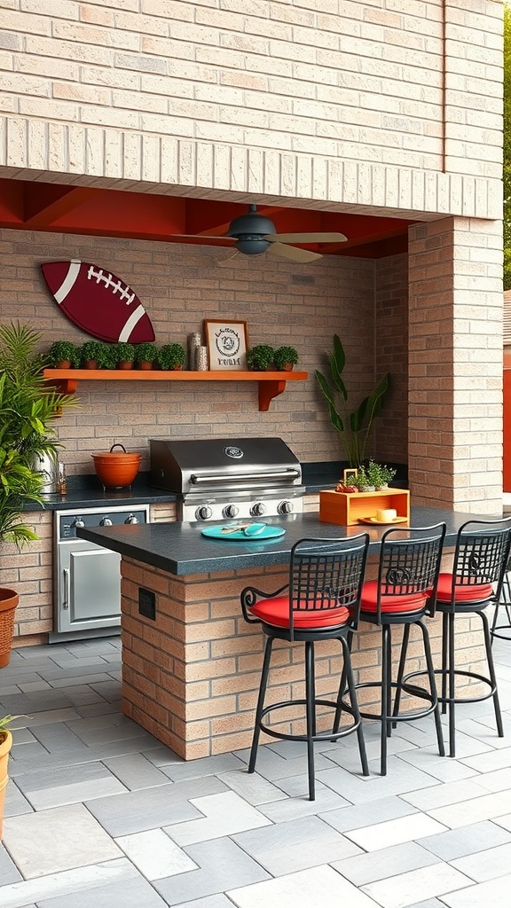 A sports-themed outdoor kitchen featuring a grill, bar stools, and football decor.