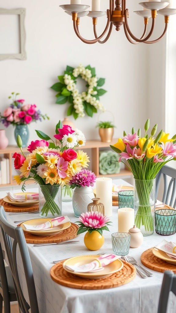 A beautifully set dining table with vibrant spring floral arrangements, candles, and decorative plates.