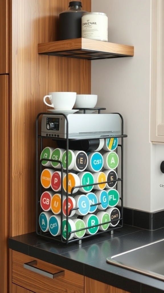 A stackable coffee pods organizer displaying colorful coffee pods, with a coffee maker and cups on top.