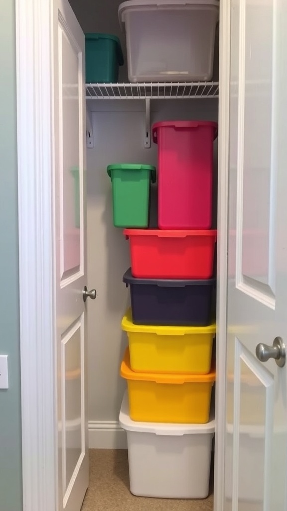 Colorful stackable storage boxes neatly arranged in a closet