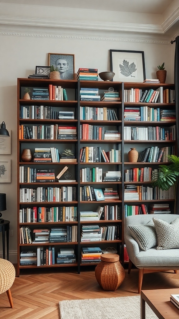A stylish stacked bookshelf filled with colorful books and decorative items.