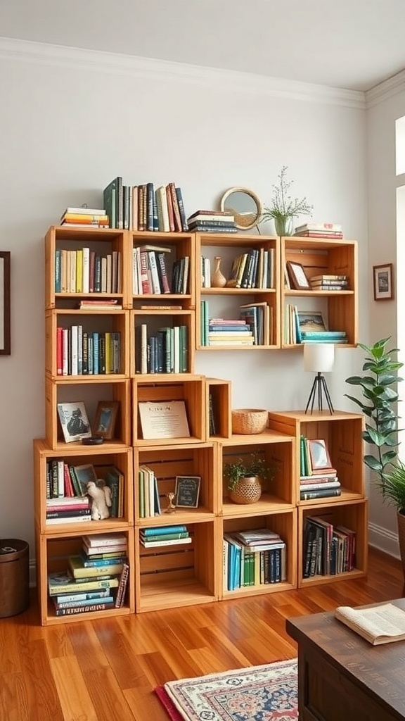 A modern stacked crate bookshelf displaying books and decorative items in a living room.