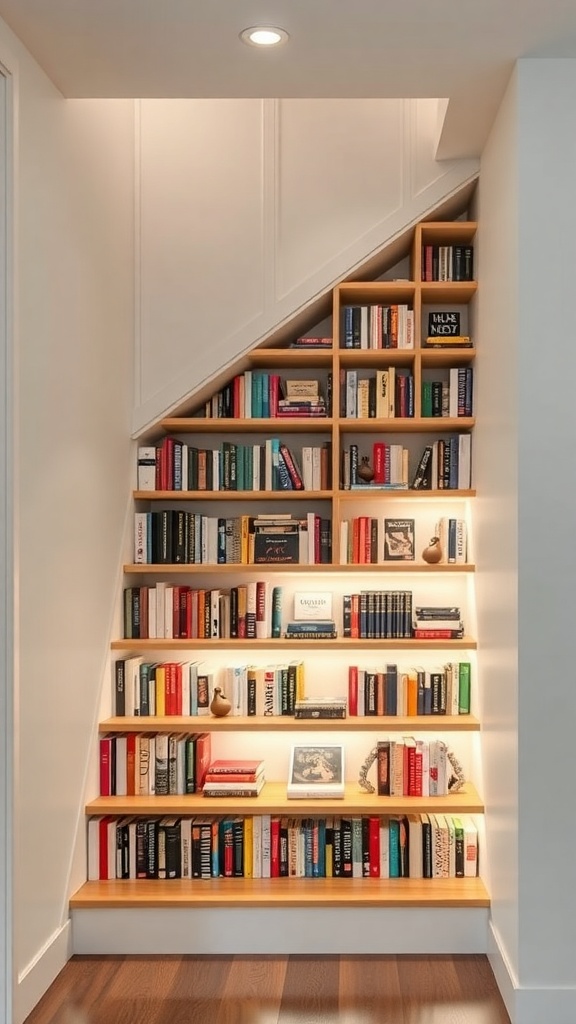 A staircase bookshelf with integrated lighting, showcasing neatly arranged books on wooden shelves.