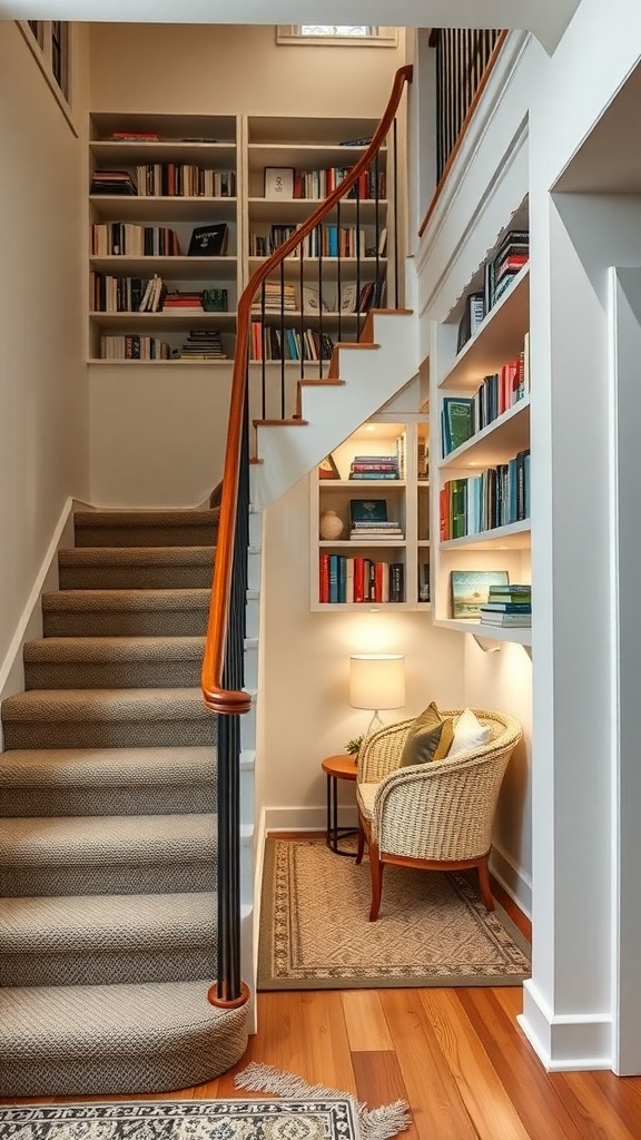 Cozy staircase with bookshelves and a reading nook