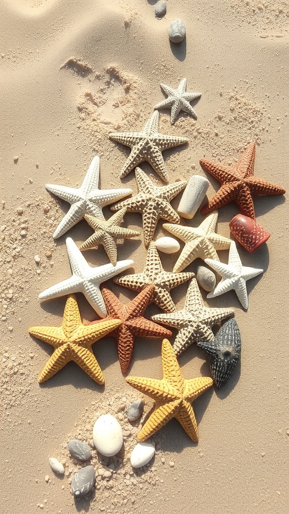 A collection of starfish and ocean treasures on sandy background