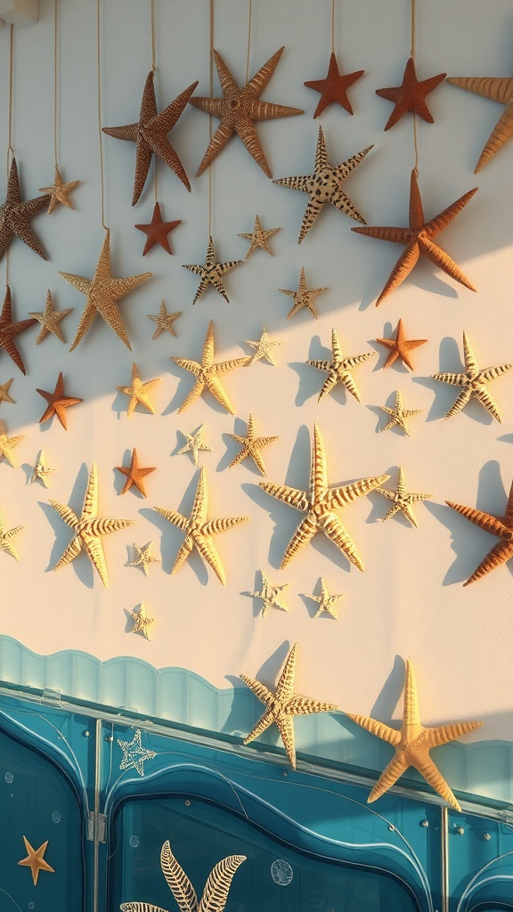 A collection of starfish wall hangings in various colors and sizes, creating a coastal decor theme.