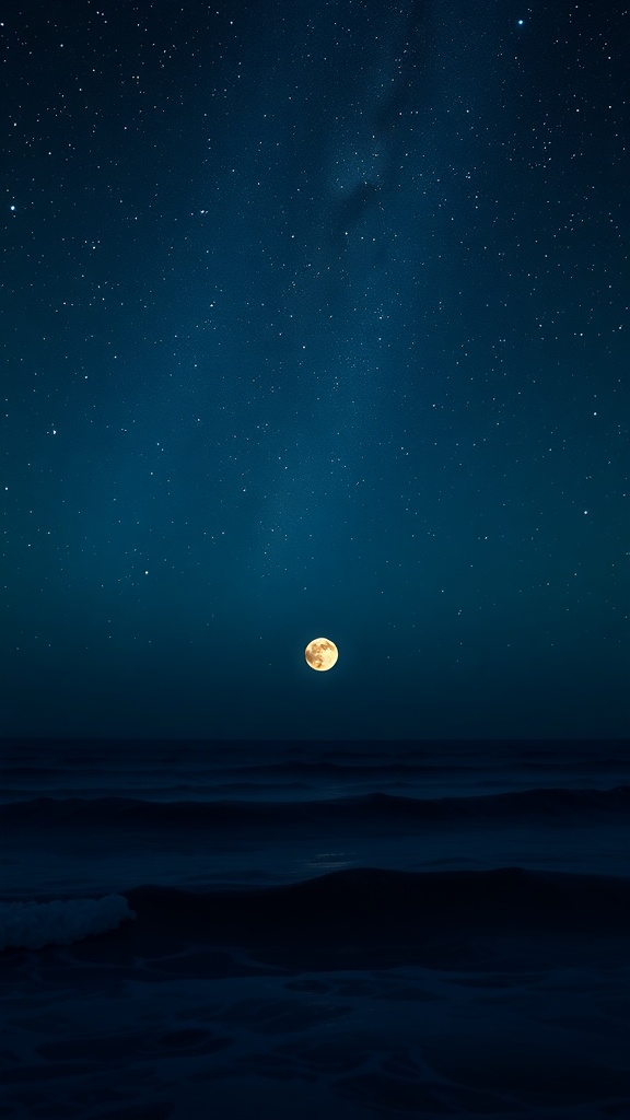 A starry night sky over the ocean with a bright full moon illuminating the waves.