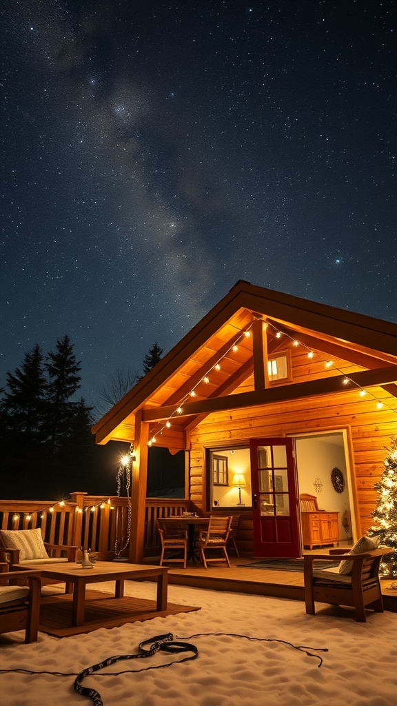 A cozy cabin under a starry night sky with string lights and snow-covered ground.