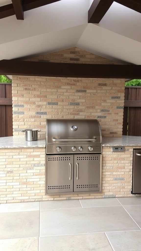 A modern built-in grill set against a stone wall in an outdoor kitchen.