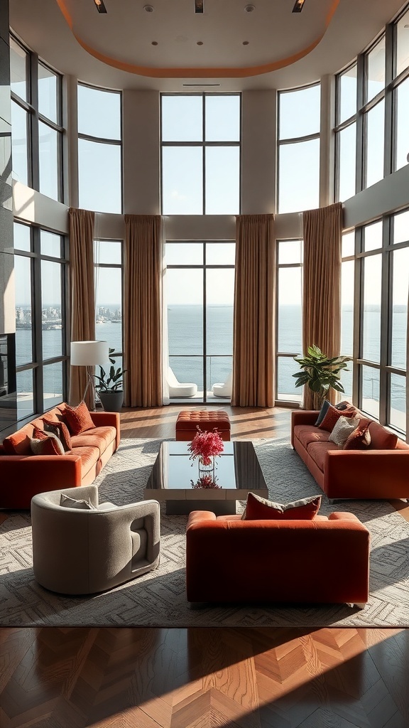 Ein stilvolles Wohnzimmer mit großen Fenstern, eleganten Möbeln und einem Blick auf das Wasser.