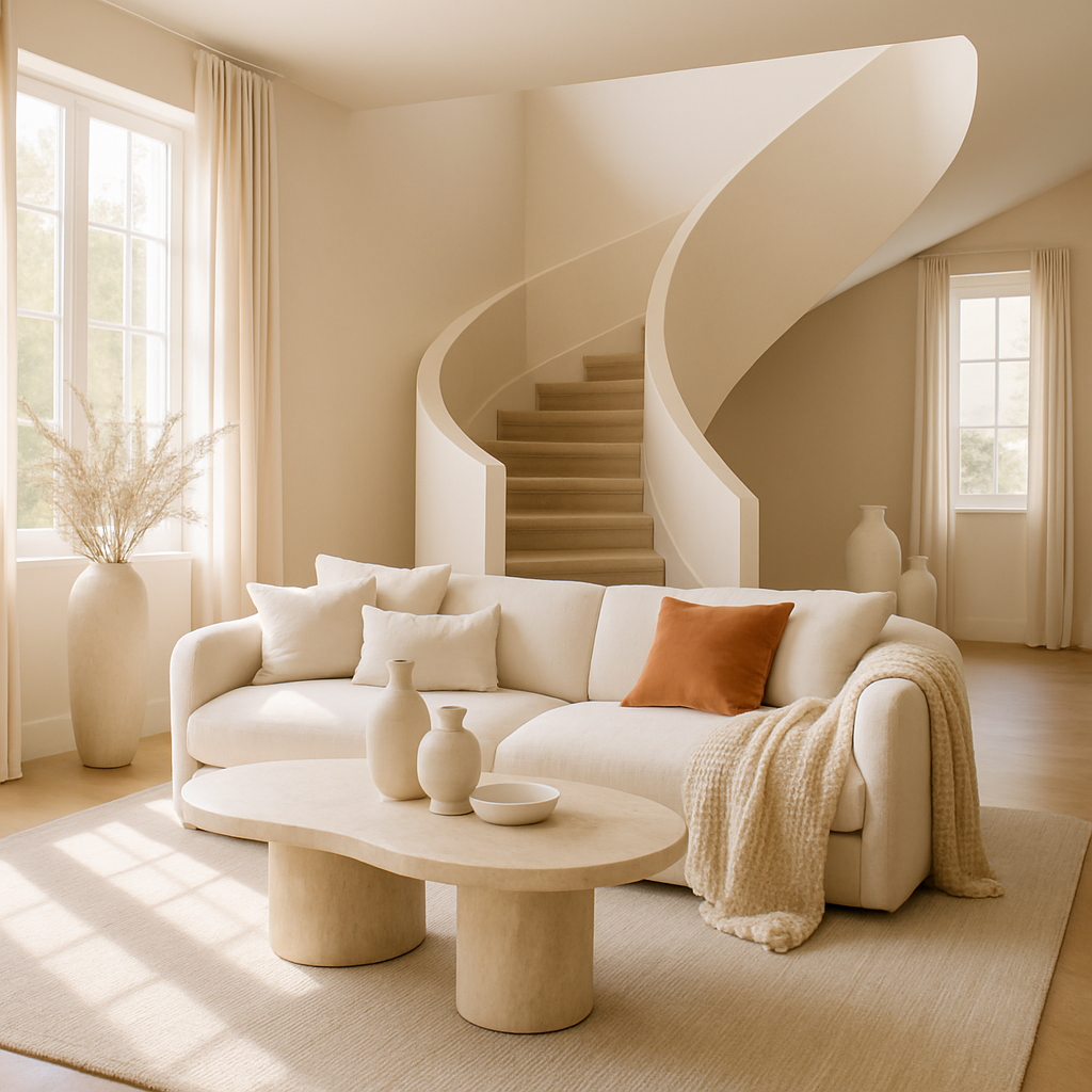 Ein modernes Wohnzimmer mit geschwungener Treppe, elegantem Sofa und einzigartigem Couchtisch