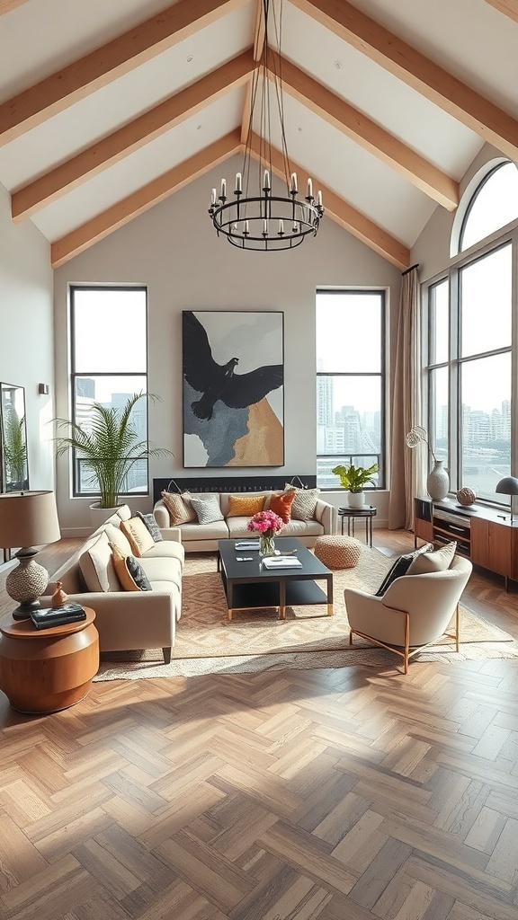 Ein stilvoll eingerichtetes Wohnzimmer mit hohen Fenstern, modernen Möbeln und einem großen Kunstwerk an der Wand.