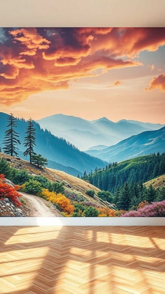 A vibrant mural of a mountain landscape with colorful skies and trees.