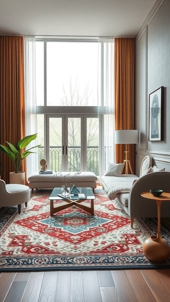 Ein stilvolles Wohnzimmer mit einem bunten Statement-Teppich, hellen Möbeln und großen Fenstern.