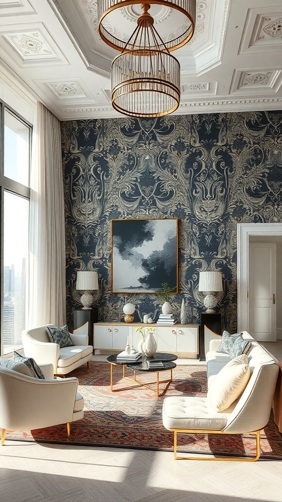 Elegantes Wohnzimmer mit kunstvoller Tapete, hellen Möbeln und großem Fenster.
