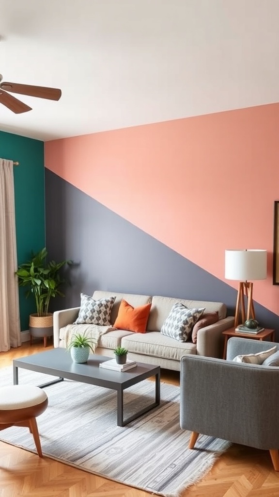 A cozy living room featuring a terracotta accent wall with playful letter art, a blue couch, and stylish furniture.
