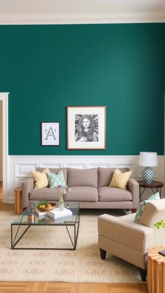 Living room with a teal accent wall and light-colored furniture.