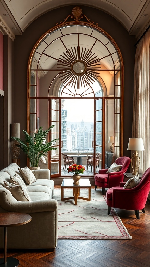 A stylish living room featuring a large Art Deco mirror with geometric accents and jewel tones.