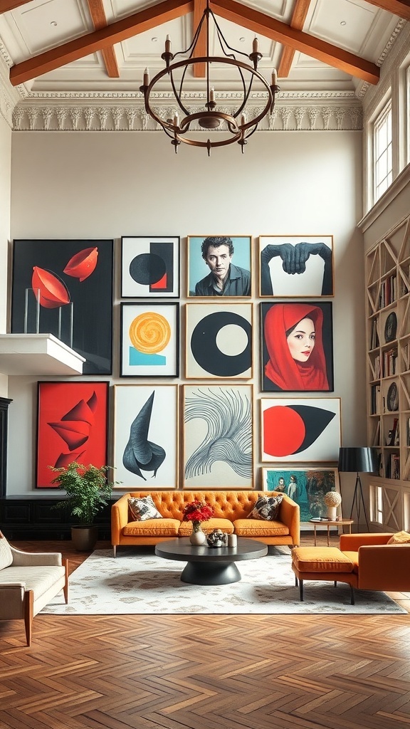 A stylish living room featuring a wall of diverse statement art pieces in various colors and styles.
