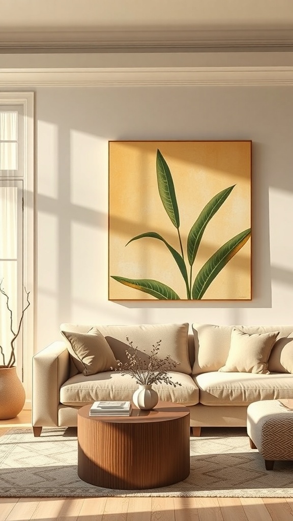 A cozy living room featuring a large art piece with green leaves on a yellow background, a beige sofa, and a round wooden coffee table.