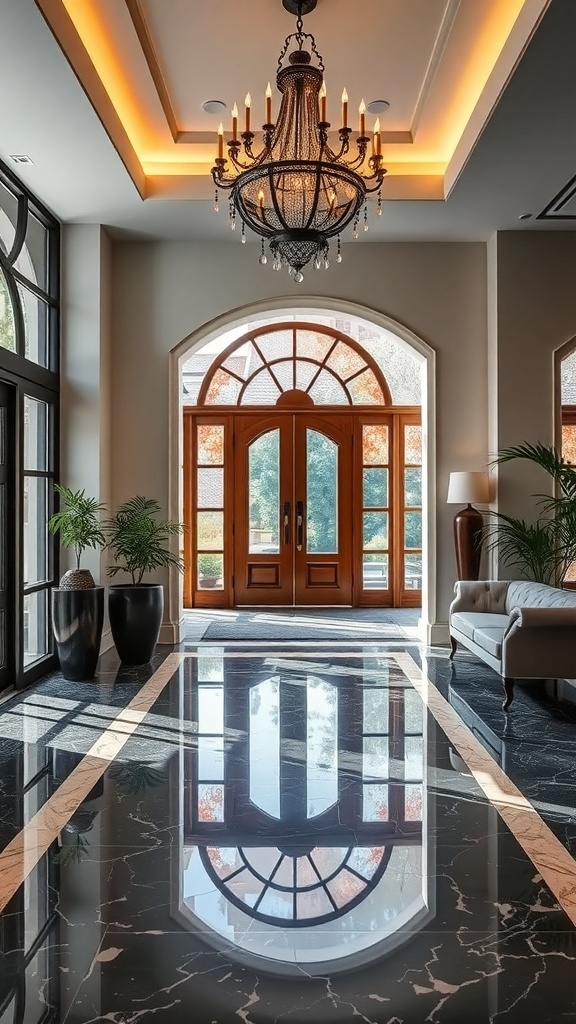 Luxurious entrance with chandelier, wooden doors, and marble floor