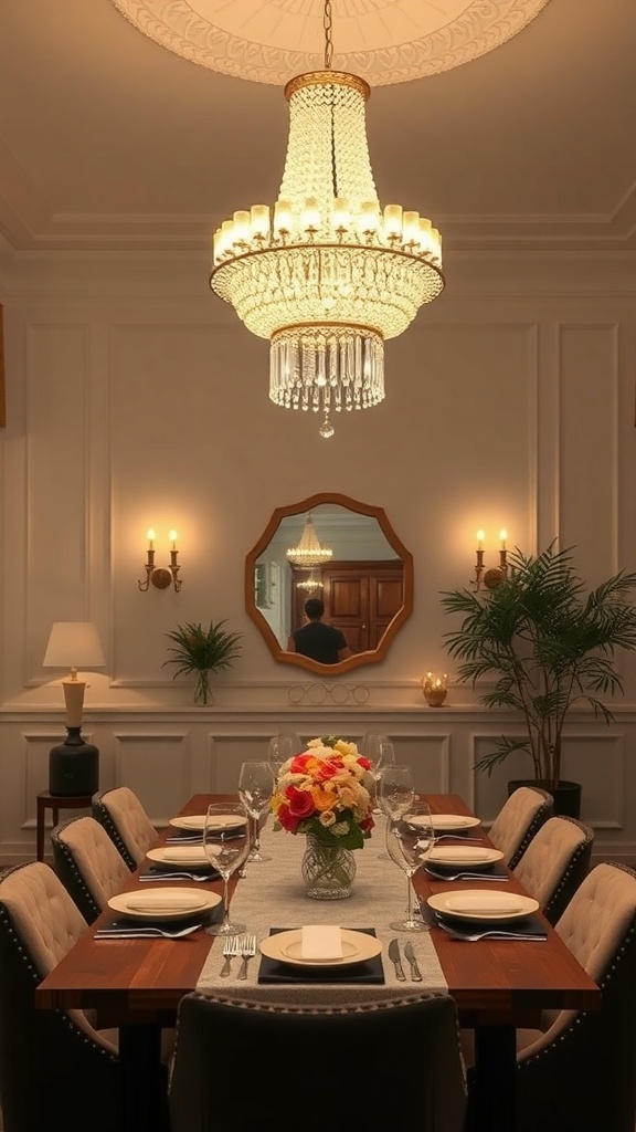 A beautiful chandelier hanging over a dining table set with plates and glasses.