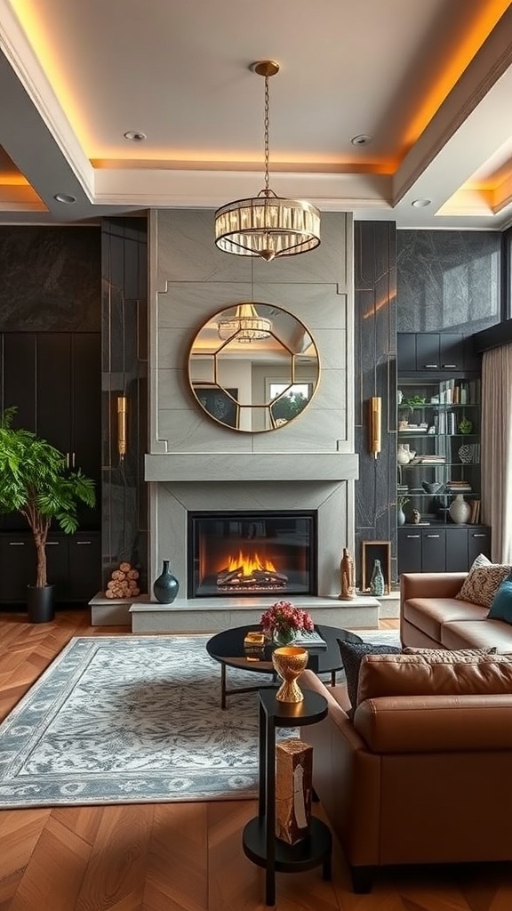 A modern Art Deco living room featuring a statement fireplace, large windows, and elegant furniture.