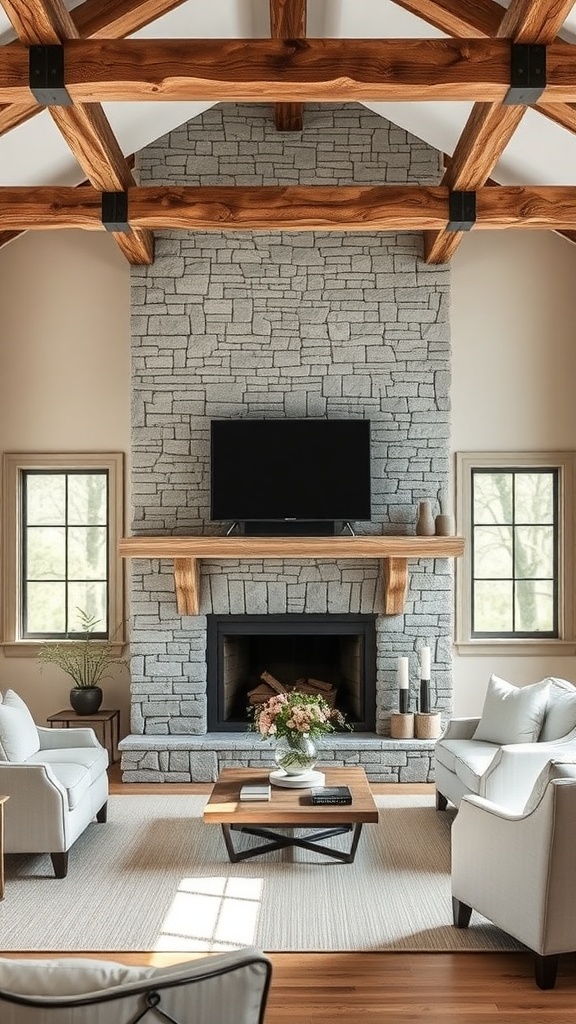 A rustic living room featuring a stone fireplace with a wooden mantel, high ceilings with exposed beams, and cozy seating arrangements.