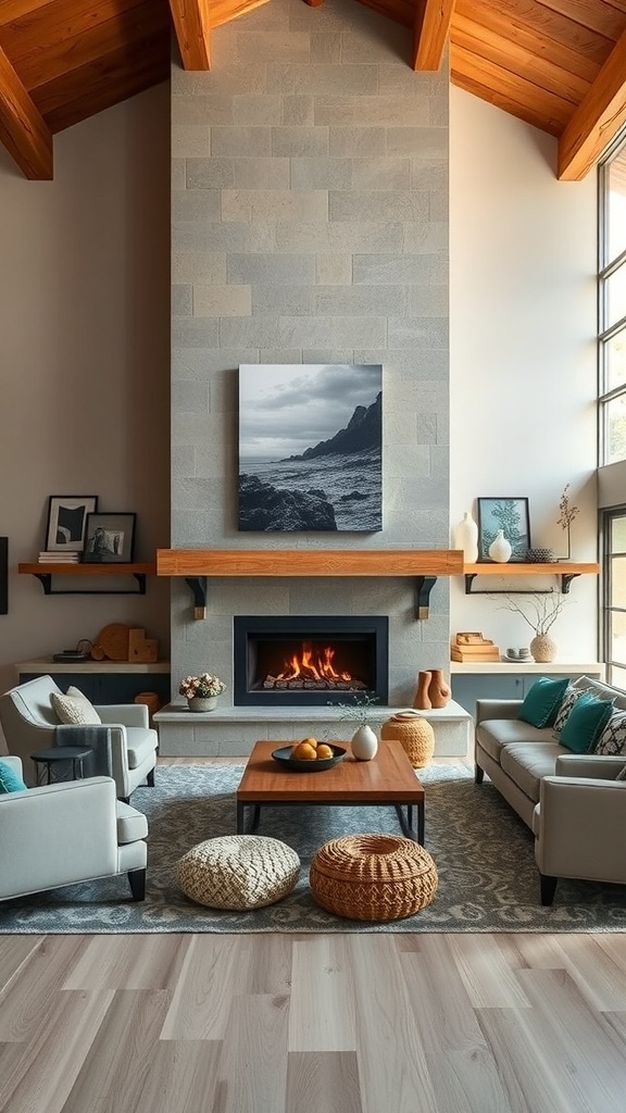 A cozy farmhouse living room featuring a statement fireplace with a stone wall, wooden mantel, and comfortable seating.