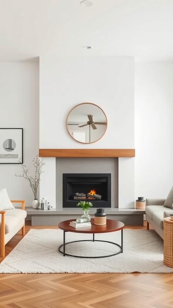 A modern Scandinavian-style living room featuring a statement fireplace with a round mirror above it.