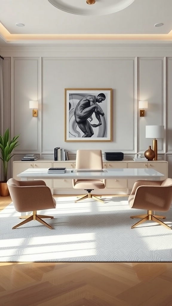 Modern home office with a glass desk, plush chairs, and artwork on the wall