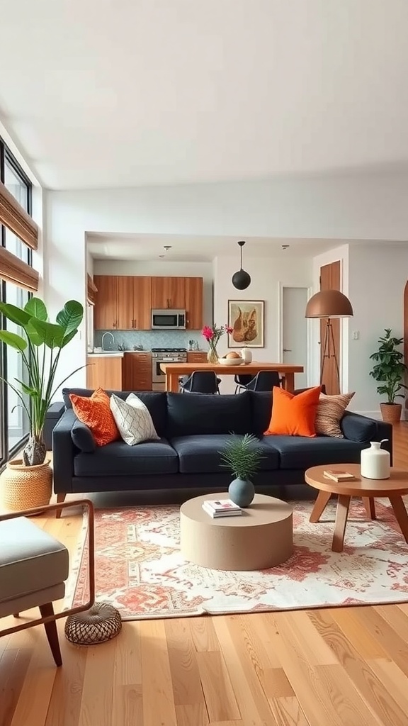A modern living room featuring a dark sofa with colorful pillows, a round coffee table, and plants, showcasing cozy boho decor.