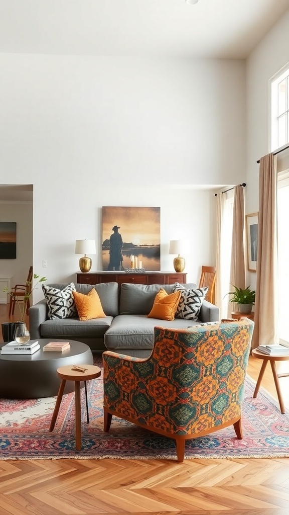 A stylish boho living room featuring a gray sofa, a colorful patterned armchair, and a round coffee table.