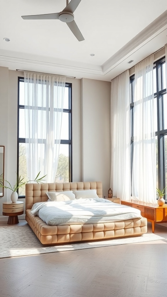 A luxurious bedroom featuring a plush, tufted bed, large windows with sheer curtains, and stylish nightstands.