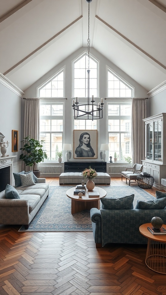 A stylish living room featuring statement furniture pieces, including sofas, a round coffee table, and a display cabinet.