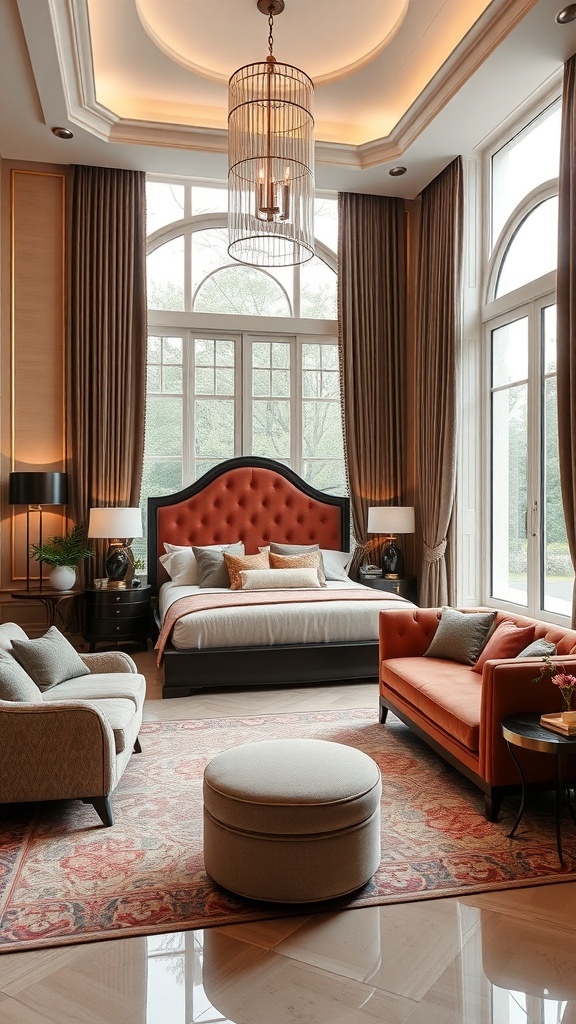 Art Deco bedroom featuring a tufted bed, stylish armchairs, and elegant chandelier.