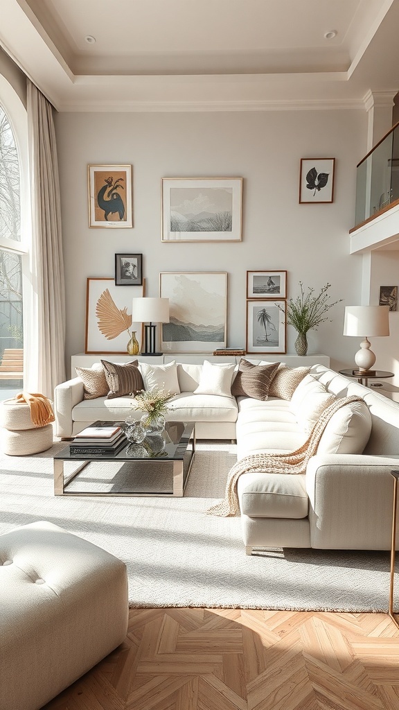 Ein stilvolles Wohnzimmer mit einer hellen Couch, Kunstwerken an der Wand und einem modernen Couchtisch.